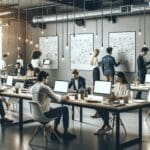 Emprendedores colaborando en un espacio moderno de coworking con pizarras y dispositivos electrónicos.