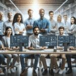 Un equipo internacional de ingenieros colaborando frente a pantallas digitales en un entorno de oficina moderno.