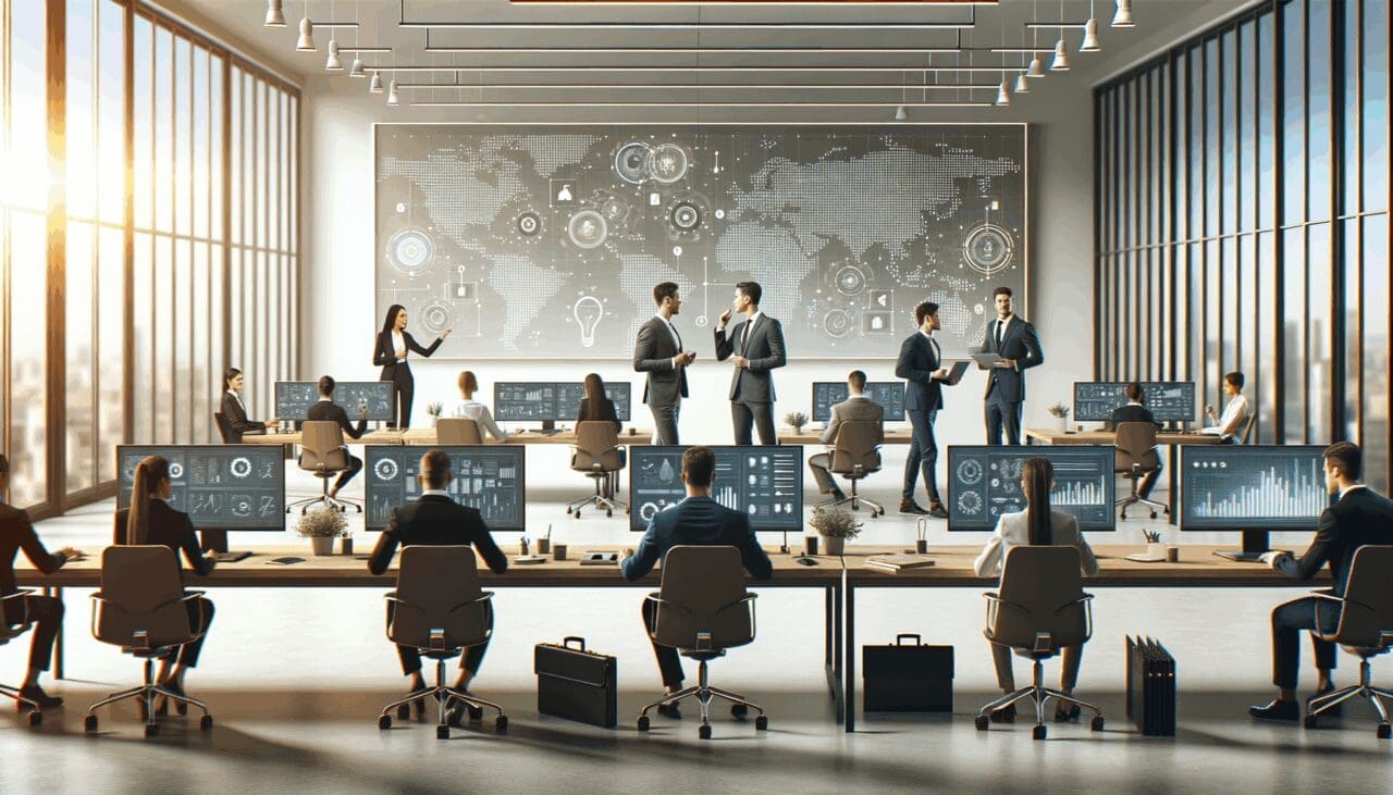 Sala de trabajo moderna con emprendedores colaborando frente a pantallas tecnológicas