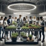 Equipo diverso de jóvenes emprendedores colaborando en laboratorio agrícola tecnológico con plantas e instrumentos modernos.