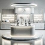 Laboratorio tecnológico con instrumentos científicos modernos y metales brillando bajo luz blanca neutra.