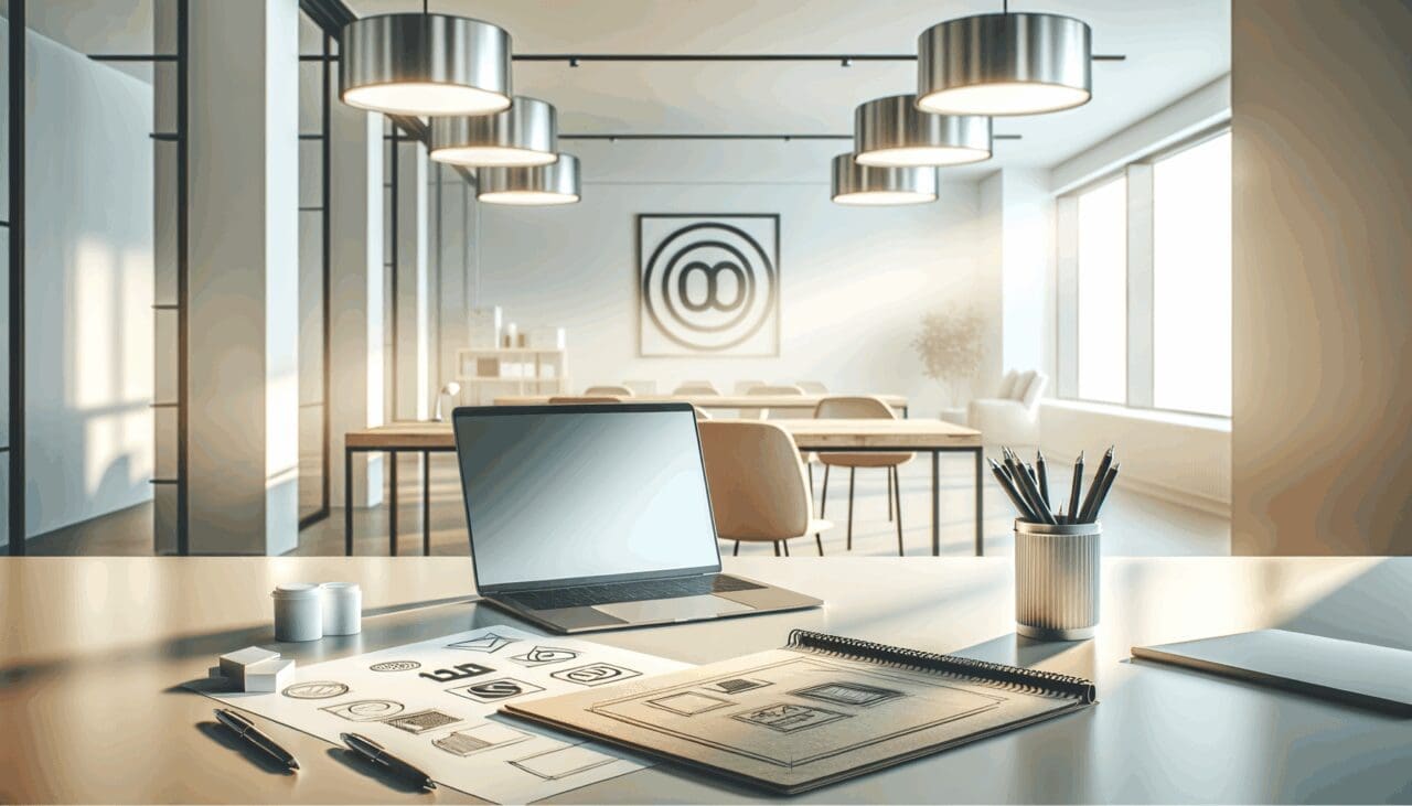 Laptop y libreta sobre escritorio con bocetos de logotipos, ambiente iluminado y moderno.