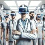 Equipo de profesionales usando dispositivos de realidad virtual en un entorno médico moderno.