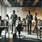 Emprendedores colaborando en un espacio de coworking tecnológico moderno.