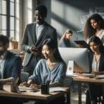 Grupo diverso de emprendedores trabajando en un espacio tecnológico moderno con pizarras y ordenadores.