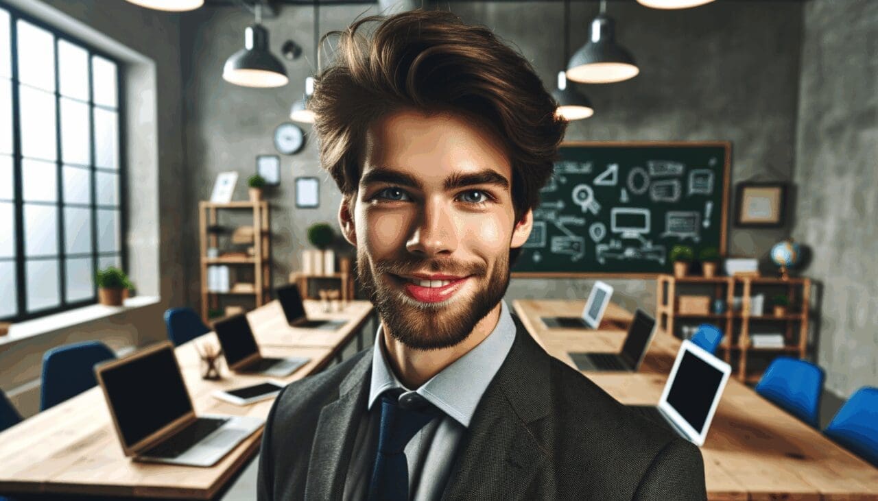Retrato de un joven profesional en un espacio de coworking moderno con laptops y pizarras al fondo.
