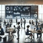 Grupo diverso trabajando frente a pantallas con gráficos y datos en una oficina moderna, ambiente de innovación.