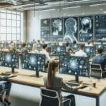 Oficina tecnológica moderna con jóvenes profesionales trabajando en computadoras y pantallas con gráficos de IA.