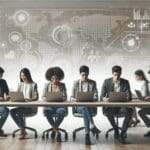 Equipo multicultural de jóvenes emprendedores trabajando en laptops en una sala de reuniones moderna, fondo tecnológico desenfocado.