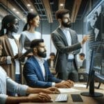 Primer plano de un equipo de trabajo multicultural en oficina moderna interactuando con una pantalla de código y gráficos digitales.