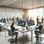 Oficina moderna con equipos fintech, computadoras y empleados colaborando en un ambiente tecnológico.