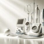 Primer plano de dispositivos médicos modernos sobre fondo blanco con luz natural.