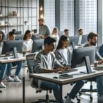 Oficina moderna de startup latinoamericana con programadores trabajando en computadoras y ambiente colaborativo.