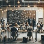 Emprendedores reunidos en un espacio de coworking moderno, laptops abiertas y pizarras con ideas.
