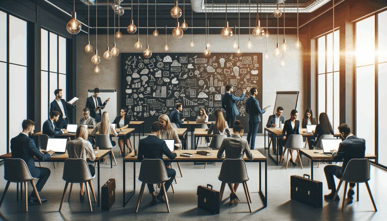 Emprendedores reunidos en un espacio de coworking moderno, laptops abiertas y pizarras con ideas.