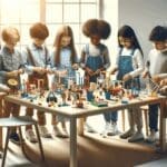 Grupo de niños colaborando en una sala luminosa, construyendo prototipos con materiales de colores sobre mesas de trabajo.