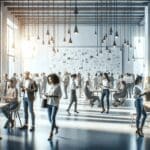 Personas interactuando en un taller moderno, pizarras llenas de notas, ambiente colaborativo y tecnológico.