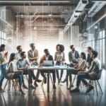 Grupo diverso de emprendedores reunidos en un coworking moderno, en discusión creativa, fondo tecnológico luminoso.