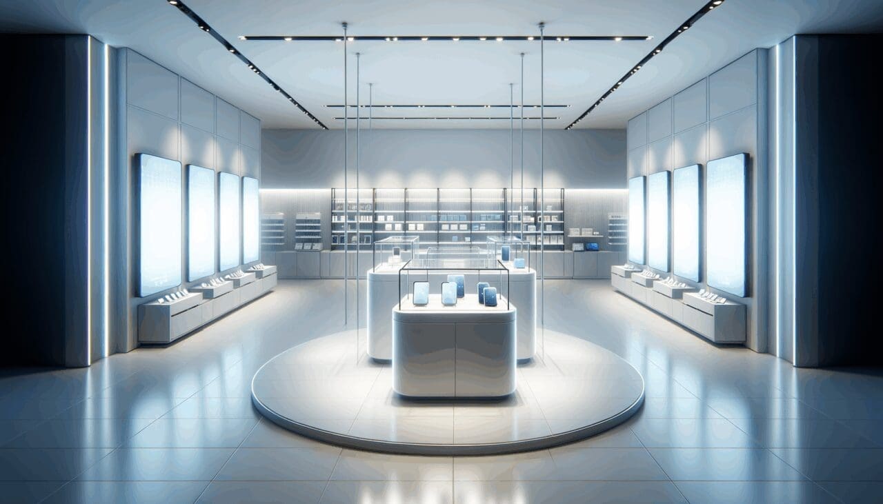 Interior de una tienda tecnológica vacía, estantes iluminados y sin clientes, ambiente moderno y corporativo.