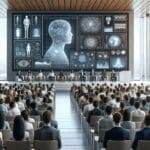 Auditorio moderno lleno de jóvenes emprendedores y pantallas que muestran tecnología de inteligencia artificial.