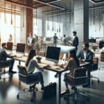 Espacio interior moderno con emprendedores trabajando en computadoras, ambiente colaborativo y tecnológico.