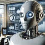 Primer plano de un robot inteligente frente a una pantalla con gráficos financieros en una oficina moderna.