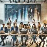 Equipo de jóvenes emprendedores trabajando con laptops en un coworking moderno, pantallas con gráficas financieras al fondo.