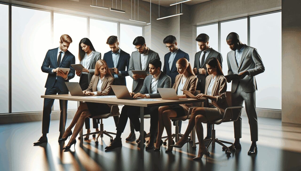 Grupo de jóvenes emprendedores analizando datos en una sala de reuniones moderna