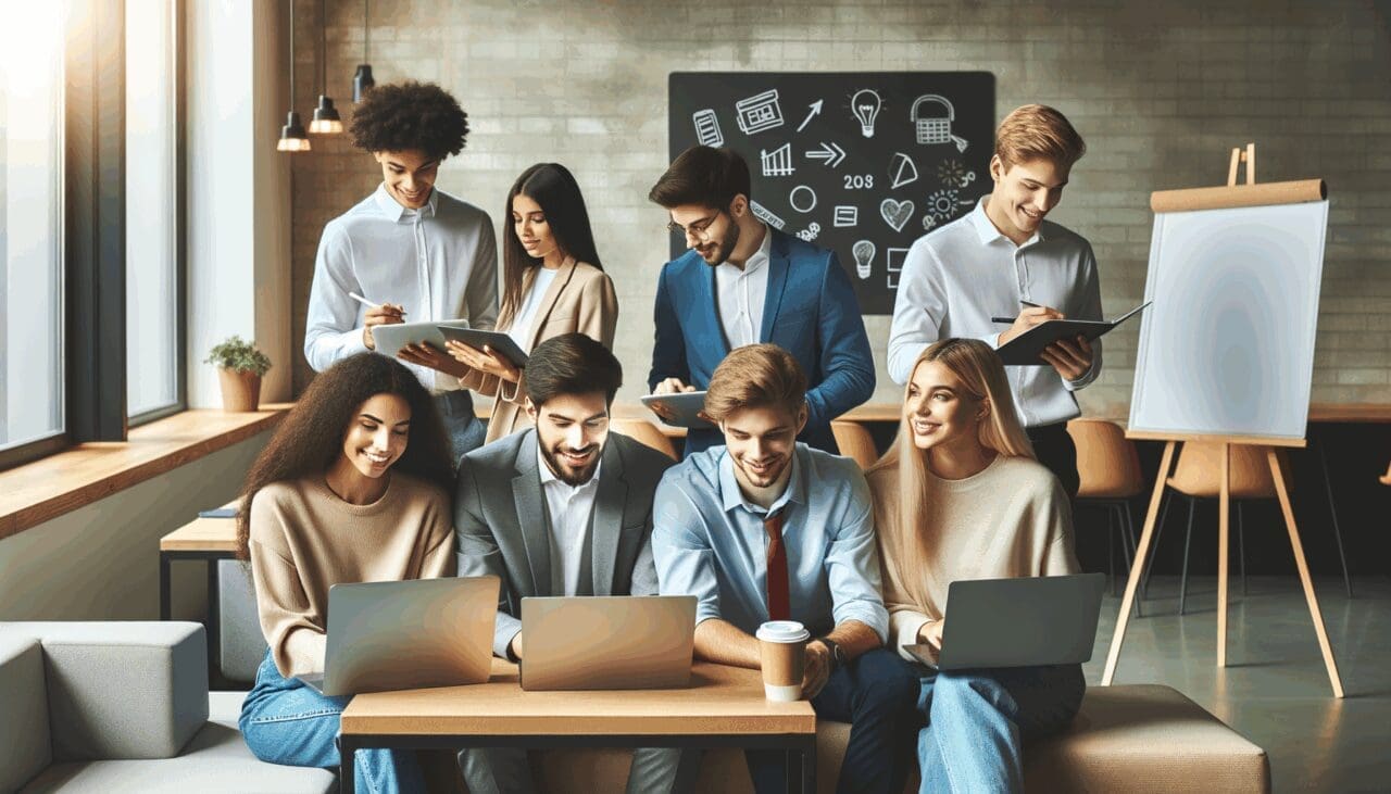 Emprendedores jóvenes colaborando en un espacio moderno de coworking, laptops y pizarras en uso.
