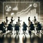 Sala de reuniones moderna con emprendedores conversando iluminados por pantallas digitales y gráficos de crecimiento.