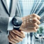 Primer plano de un dispositivo wearable tecnológico en una muñeca, fondo desenfocado de oficina moderna.