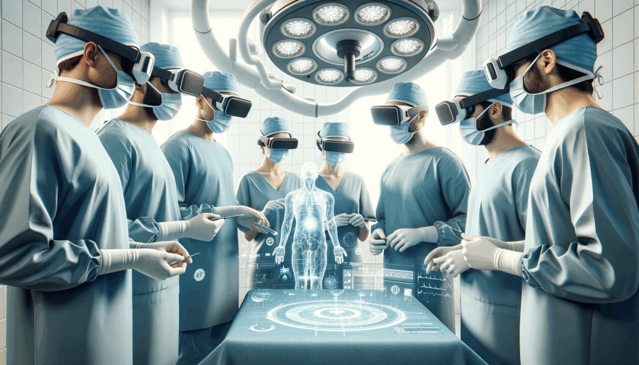 Cirujanos intercambiando información médica en tiempo real con ayuda de tecnología de realidad virtual en un quirófano moderno.
