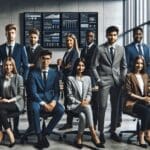 Equipo de jóvenes profesionales trabajando frente a ordenadores en una oficina moderna con pantallas mostrando gráficos digitales.