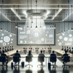 Imagen de una sala de conferencias moderna con emprendedores y presentaciones tecnológicas.