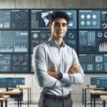 Joven ingeniero en una oficina moderna rodeado de pantallas y datos digitales.