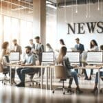 Equipo joven trabajando frente a computadoras en un espacio de coworking moderno y luminoso.