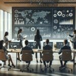 Equipo diverso de emprendedores trabajando juntos en una oficina moderna, con pantallas mostrando gráficos tecnológicos.