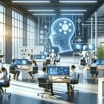 Ilustración de oficinas tecnológicas modernas con equipos de trabajo colaborando en inteligencia artificial.