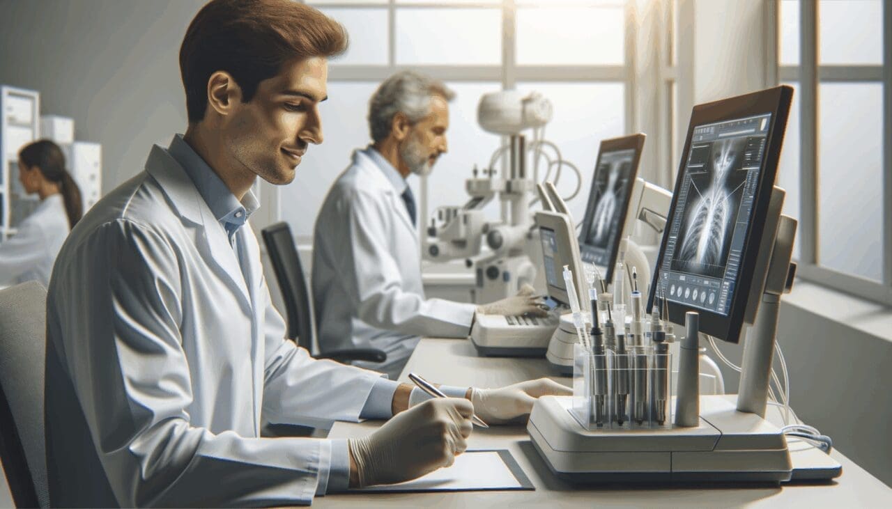 Primer plano de profesionales trabajando en un laboratorio tecnológico de salud con dispositivos médicos avanzados.