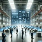 Fábrica tecnológica moderna vista desde el interior, personas trabajando entre maquinaria avanzada y pantallas luminosas.