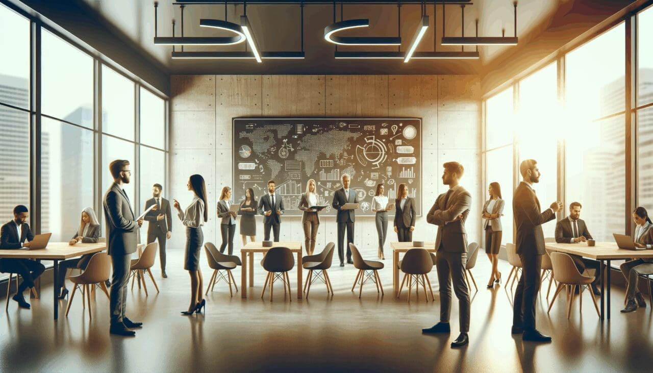 Emprendedores colaborando en un espacio de coworking moderno con pizarras digitales.