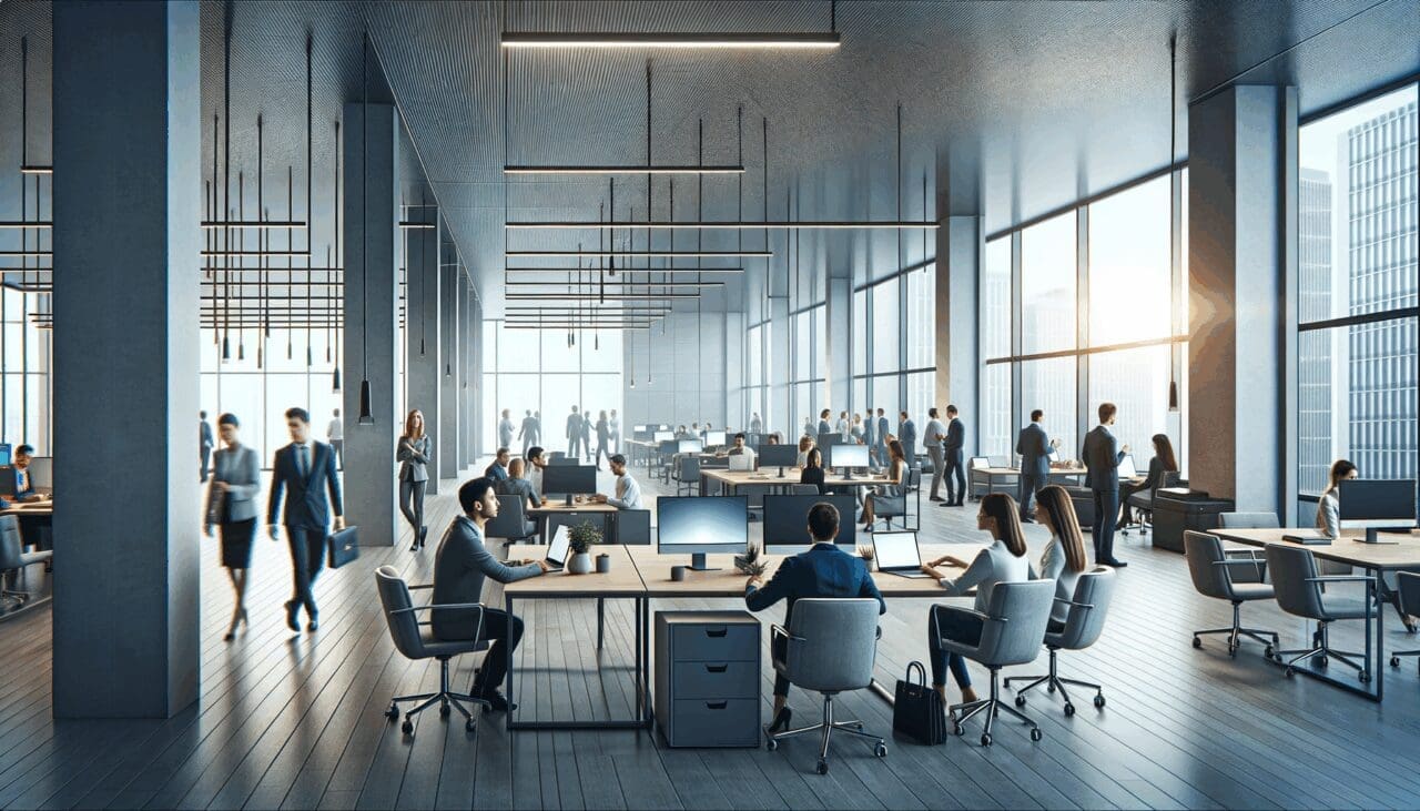 Oficinas tecnológicas modernas con emprendedores colaborando en un espacio abierto, luz natural y laptops.