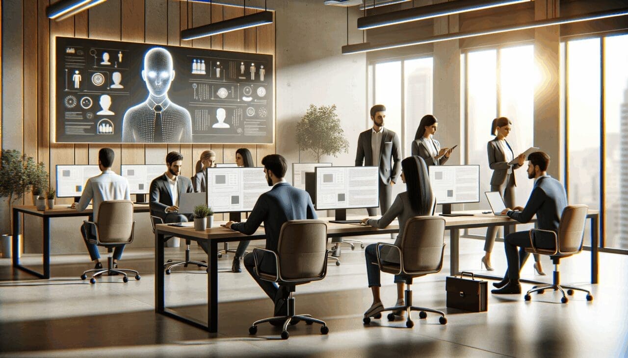 Oficina moderna con equipo de desarrolladores trabajando en inteligencia artificial