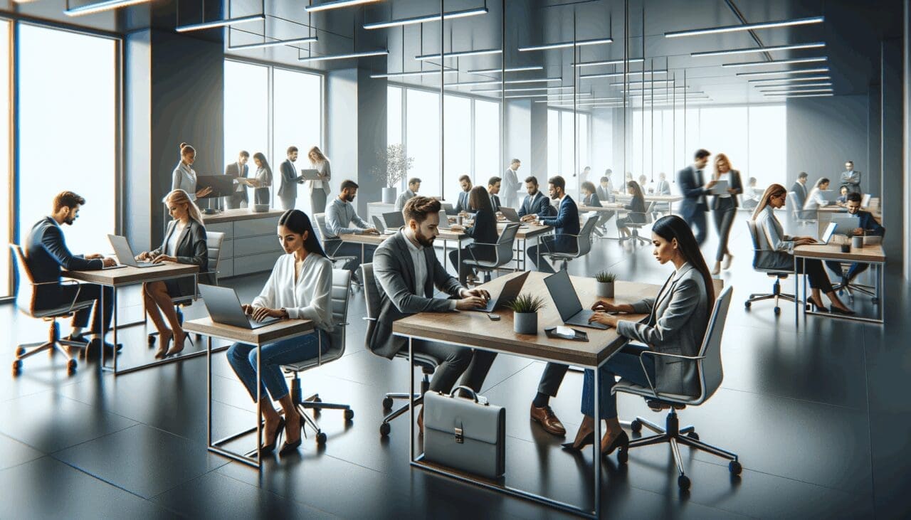 Oficinas modernas con equipo de emprendedores trabajando juntos en computadoras portátiles.