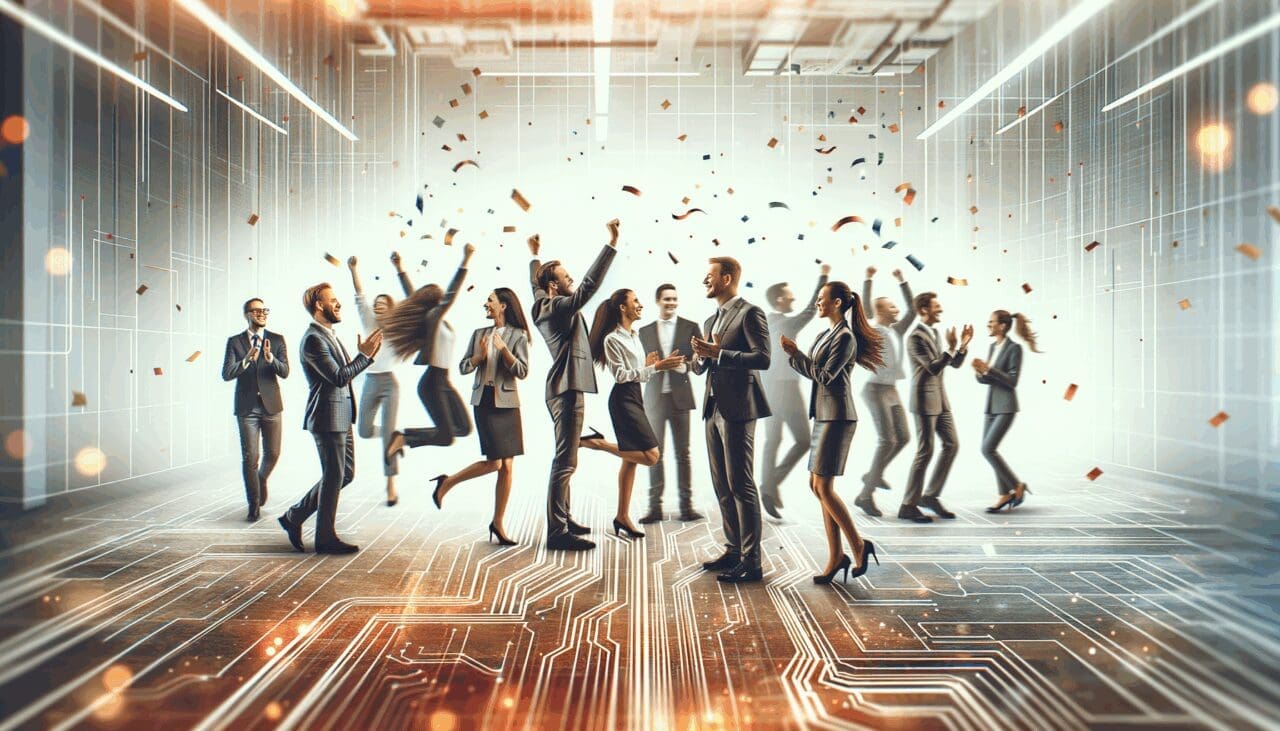 Equipo diverso celebrando en un moderno entorno de oficinas tecnológicas, con ambiente dinámico y tecnológico.