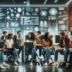 Equipo joven de desarrolladores conversando frente a laptops y pantallas con gráficas tecnológicas, en un ambiente colaborativo moderno.