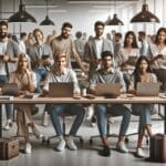 Jóvenes empresarios colaborando en un espacio de coworking moderno con tecnología visible.