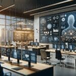 Oficina moderna con equipos tecnológicos y pantallas mostrando gráficos e inteligencia artificial, ambiente profesional y colaborativo.