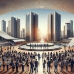 Foto panorámica de Porto Alegre con emprendedores reunidos en un centro de convenciones moderno.