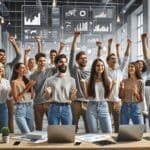 Jóvenes emprendedores celebrando en un moderno centro de innovación, rodeados de pantallas y laptops.